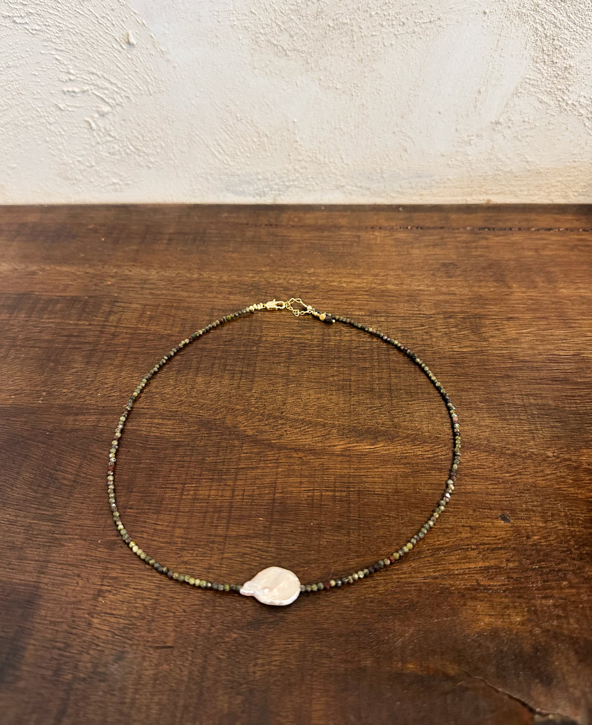 Green jasper and pearl necklace, Stone and Sol